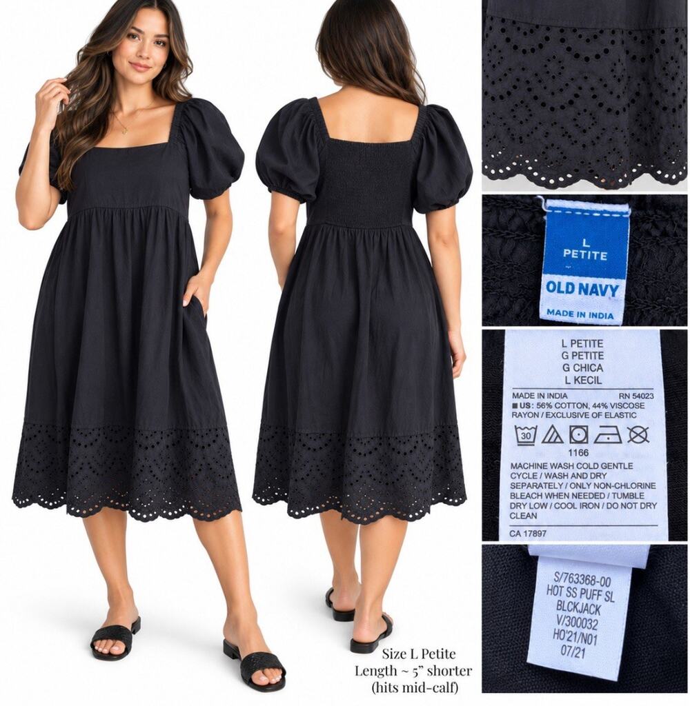 Cottagecore Old Navy Petite Puff Sleeve Eyelet Midi Dress Sz Large Black Beachy